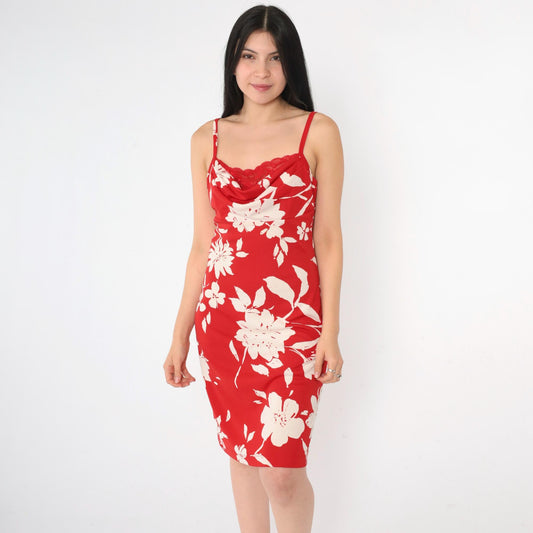 Y2K Red Floral Midi Dress Cowl Neck Lace Bust Spaghetti Strap Small