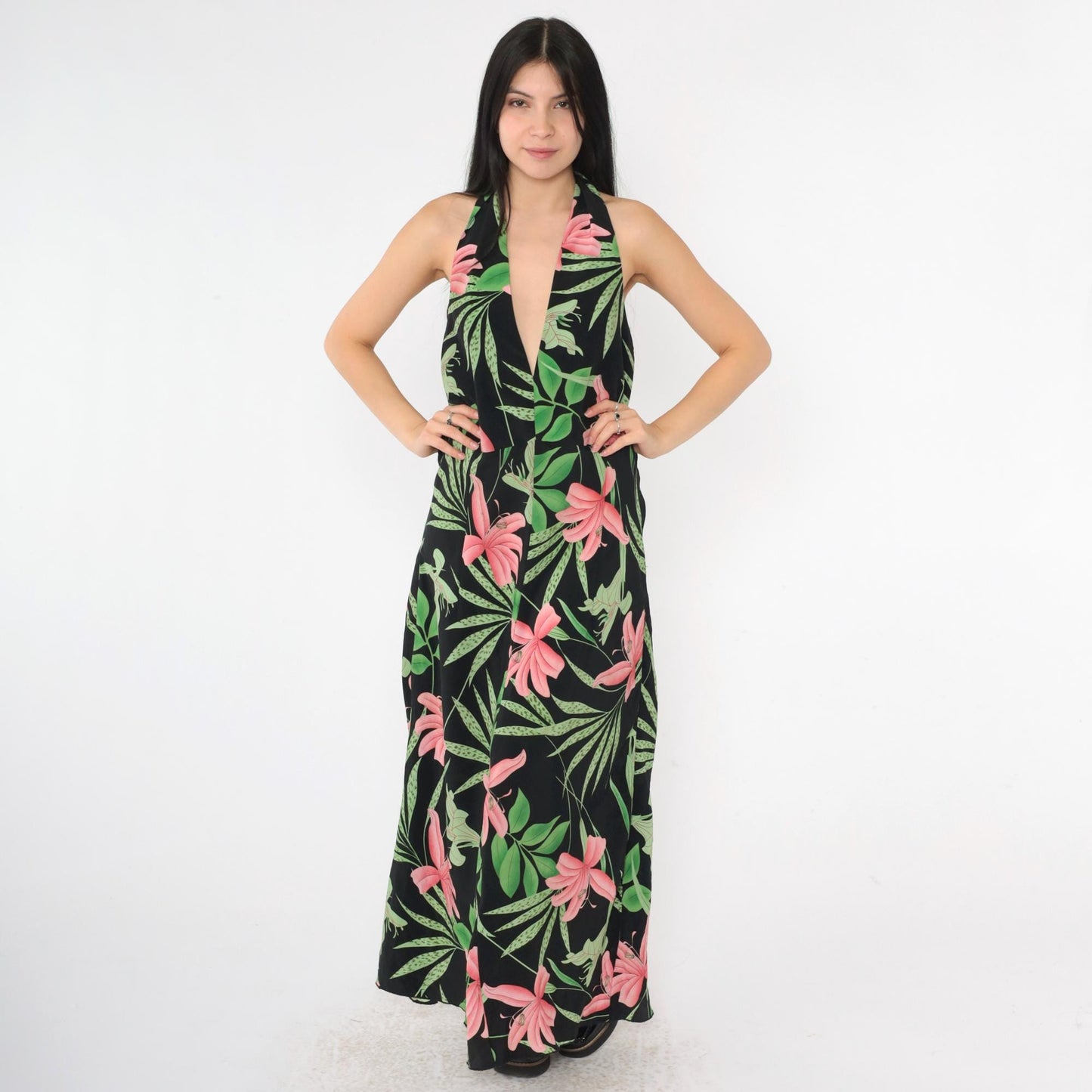 00s Ashley Stewart Floral Halter Maxi Dress Black Pink Green Plunge Neck Plus Size 20