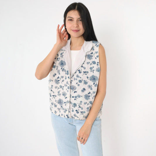 90s Quilted Floral Vest White Blue Button Front Collared Medium M