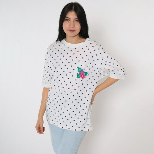90s IZOD Polka Dot Cotton T-Shirt White Black Floral Pocket Medium M