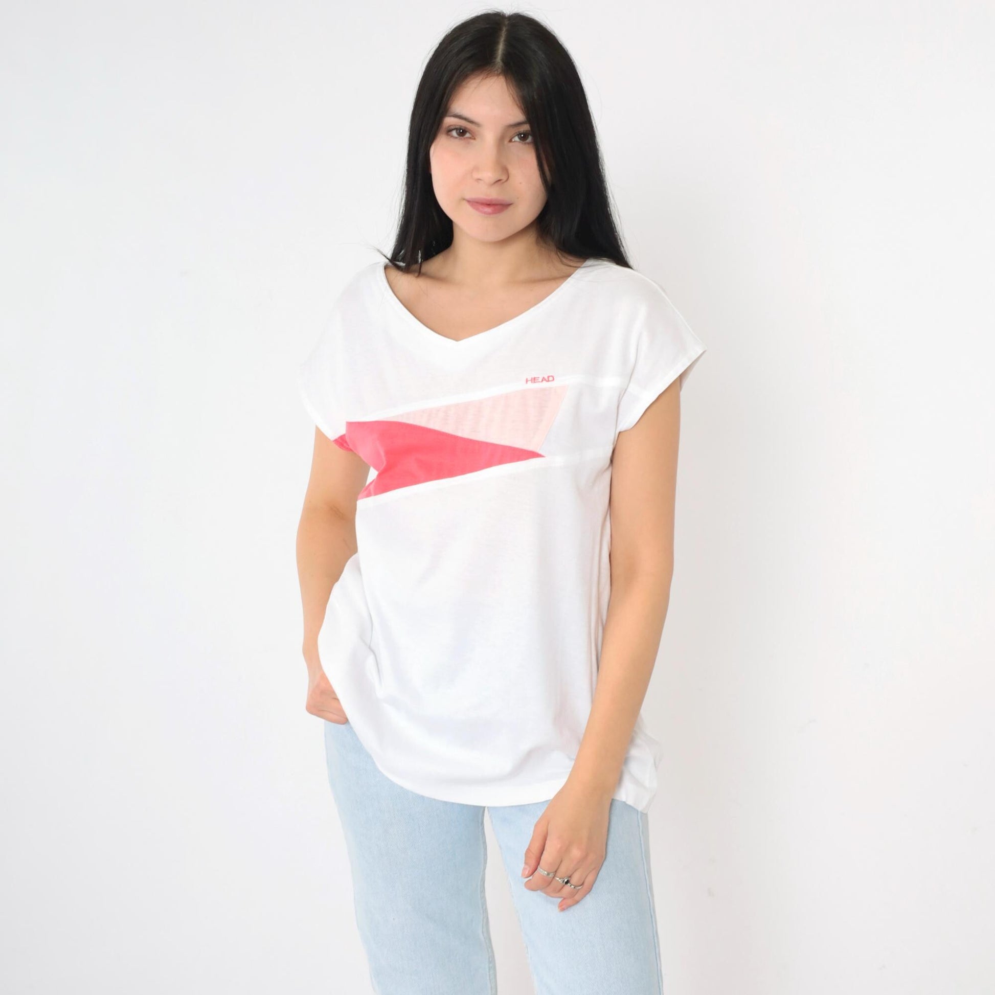 80s Head Tennis T-Shirt White Pink Colour Block V-Neck Medium M