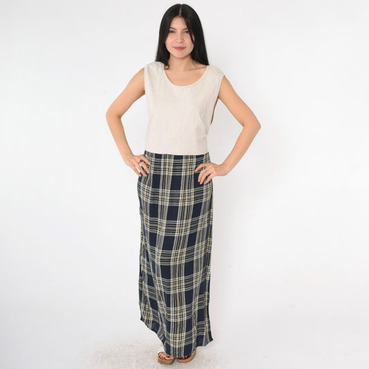90s Jessica Howard Navy Checkered Maxi Dress Beige Bodice Drop Waist Medium Large