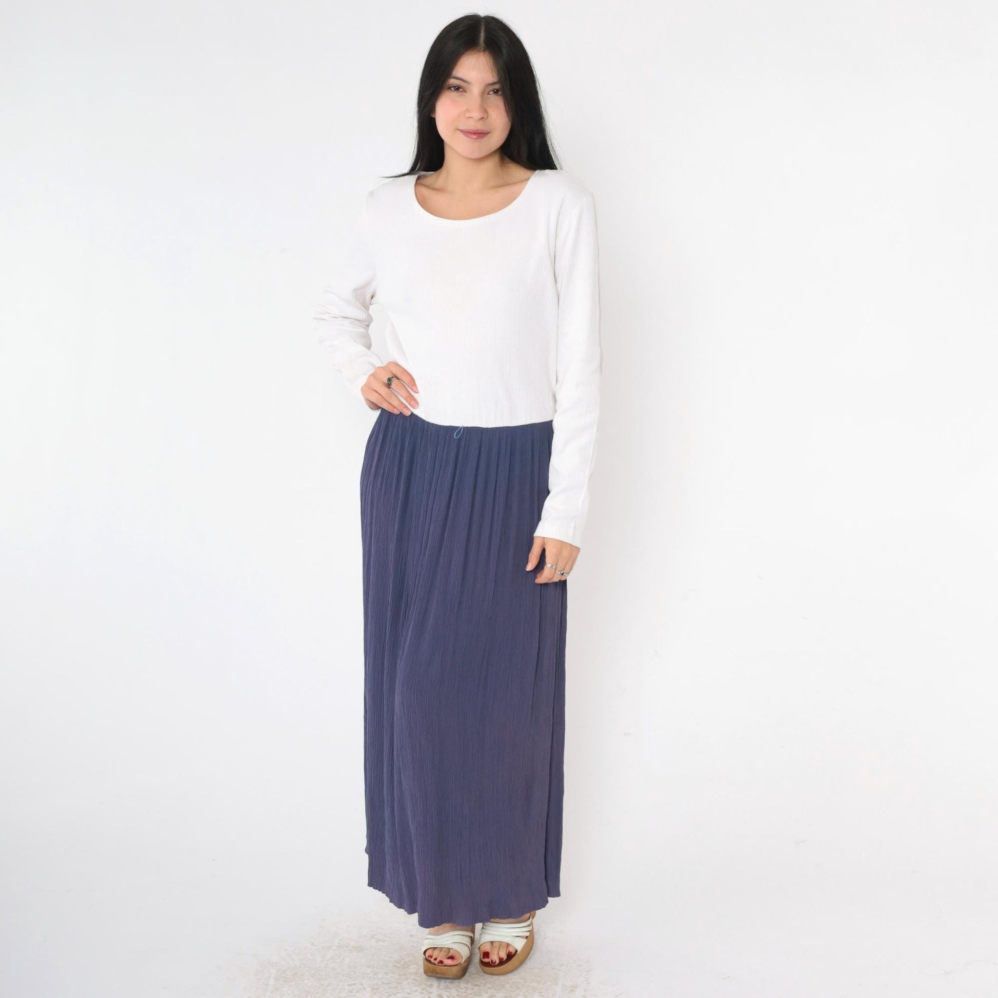 90s Two Tone Maxi Dress Blue White Long Sleeve Low Waist Large 12