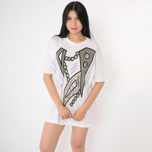 90s Abstract Geometric Glitter Paint T-Shirt White Single Stitch Large L