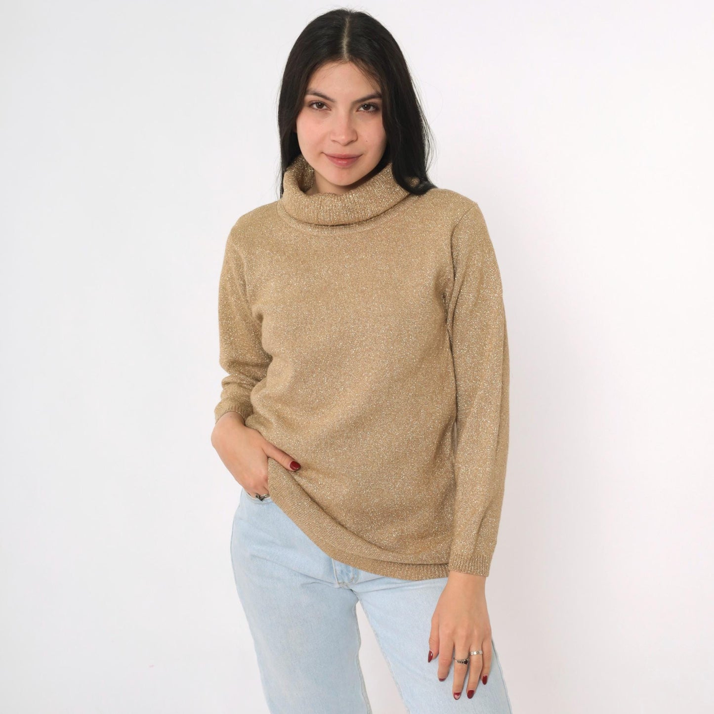 90s Jeanne Pierre Metallic Gold Turtleneck Sweater Small S