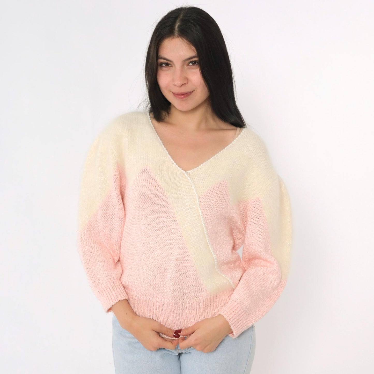 80s Pink Cream Angora Chevron V-Neck Sweater Pullover Medium