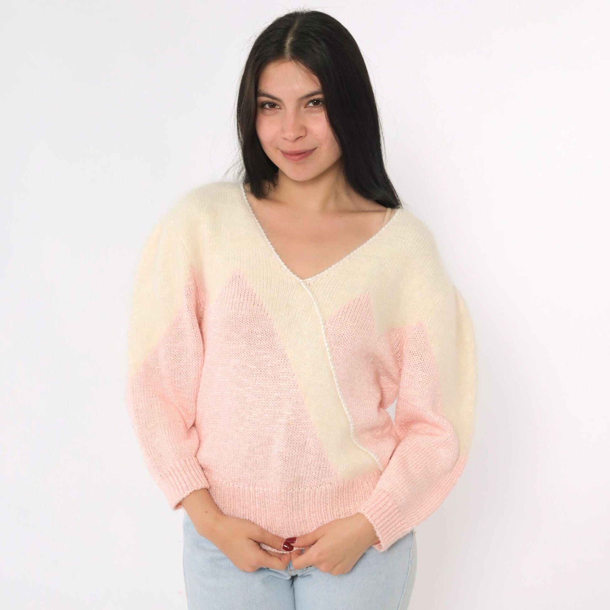 80s Pink Cream Angora Chevron V-Neck Sweater Pullover Medium