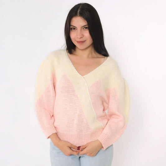 80s Pink Cream Angora Chevron V-Neck Sweater Pullover Medium