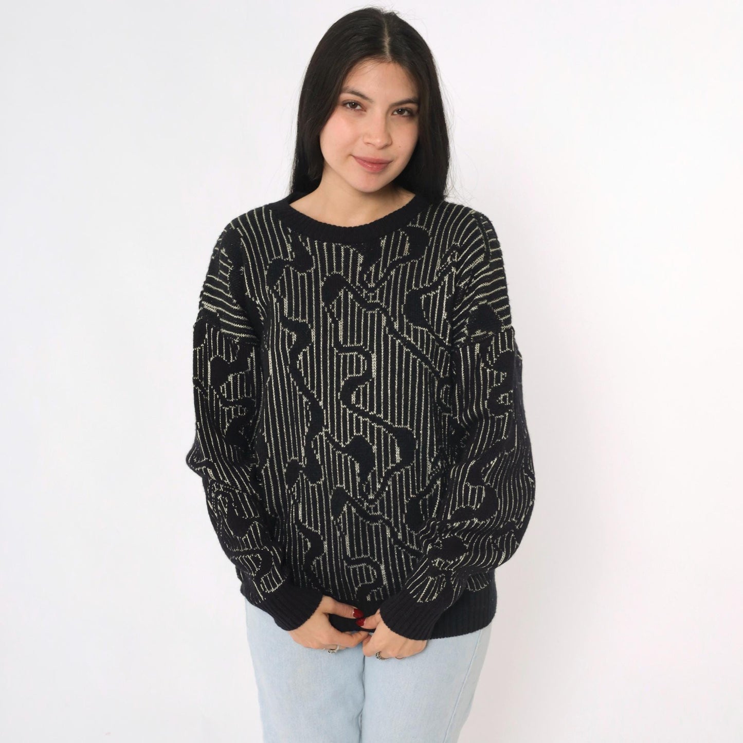 80s Black Metallic Striped Sweater Silver Abstract Knit Small Medium