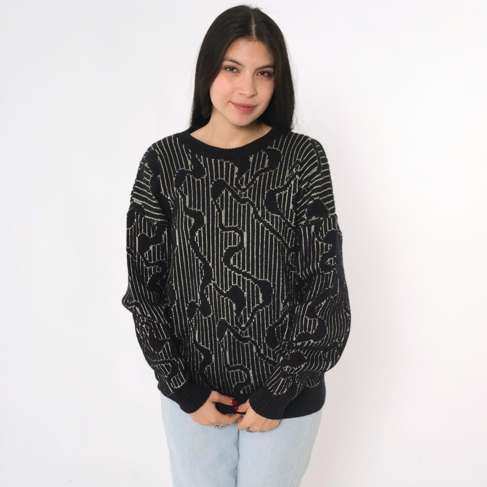 80s Black Metallic Striped Sweater Silver Abstract Knit Small Medium