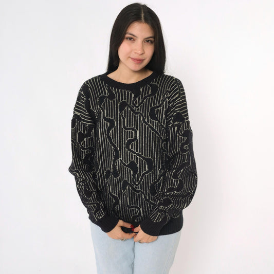 80s Black Metallic Striped Sweater Silver Abstract Knit Small Medium