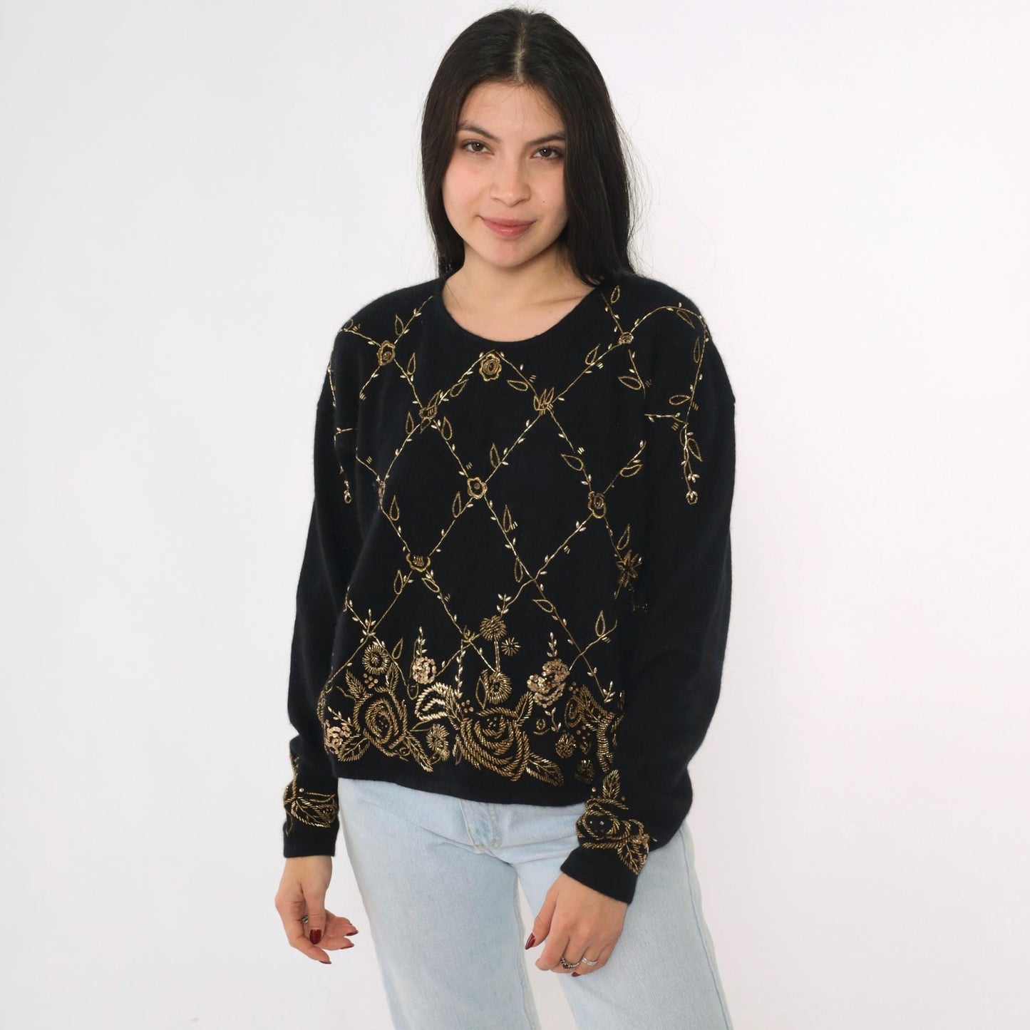 80s Cervelle Black Sequin Wool Angora Sweater Gold Floral Beaded Medium M