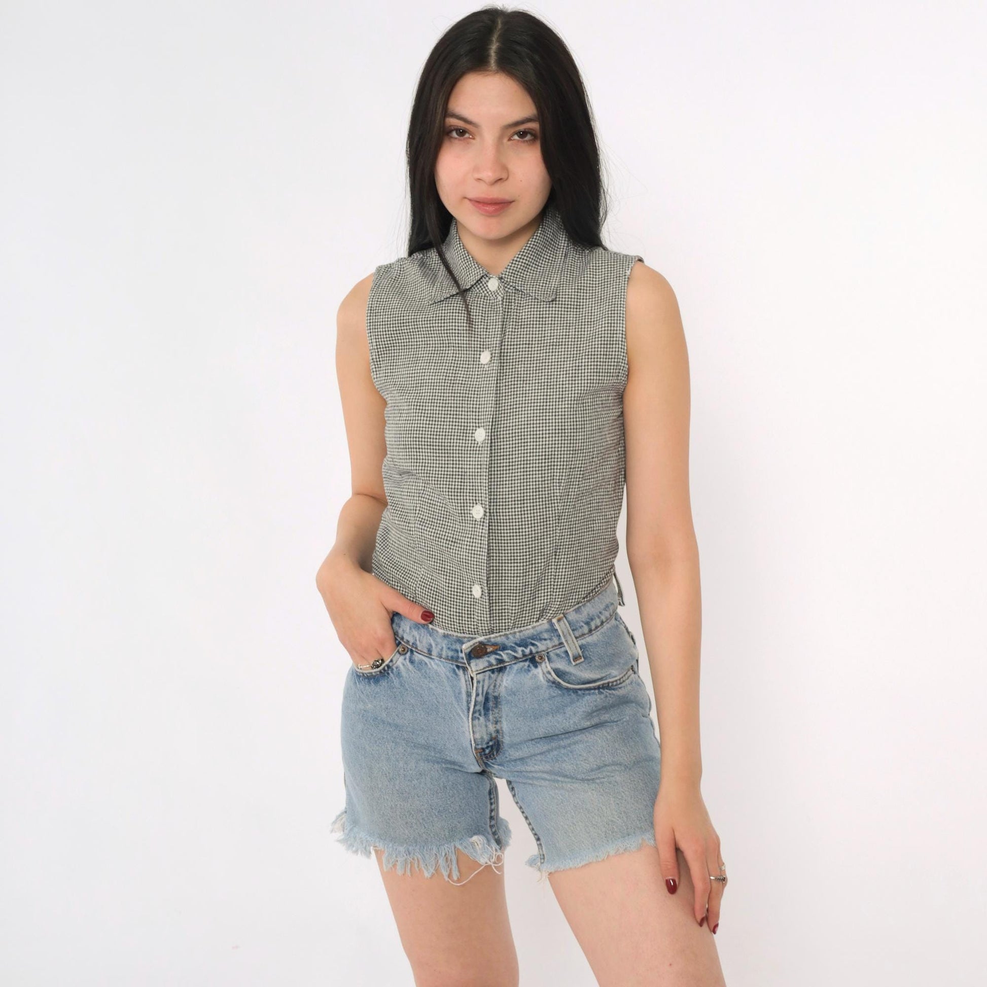 90s DKNY Gingham Bodysuit Sleeveless Collared Button-Up Black White XS