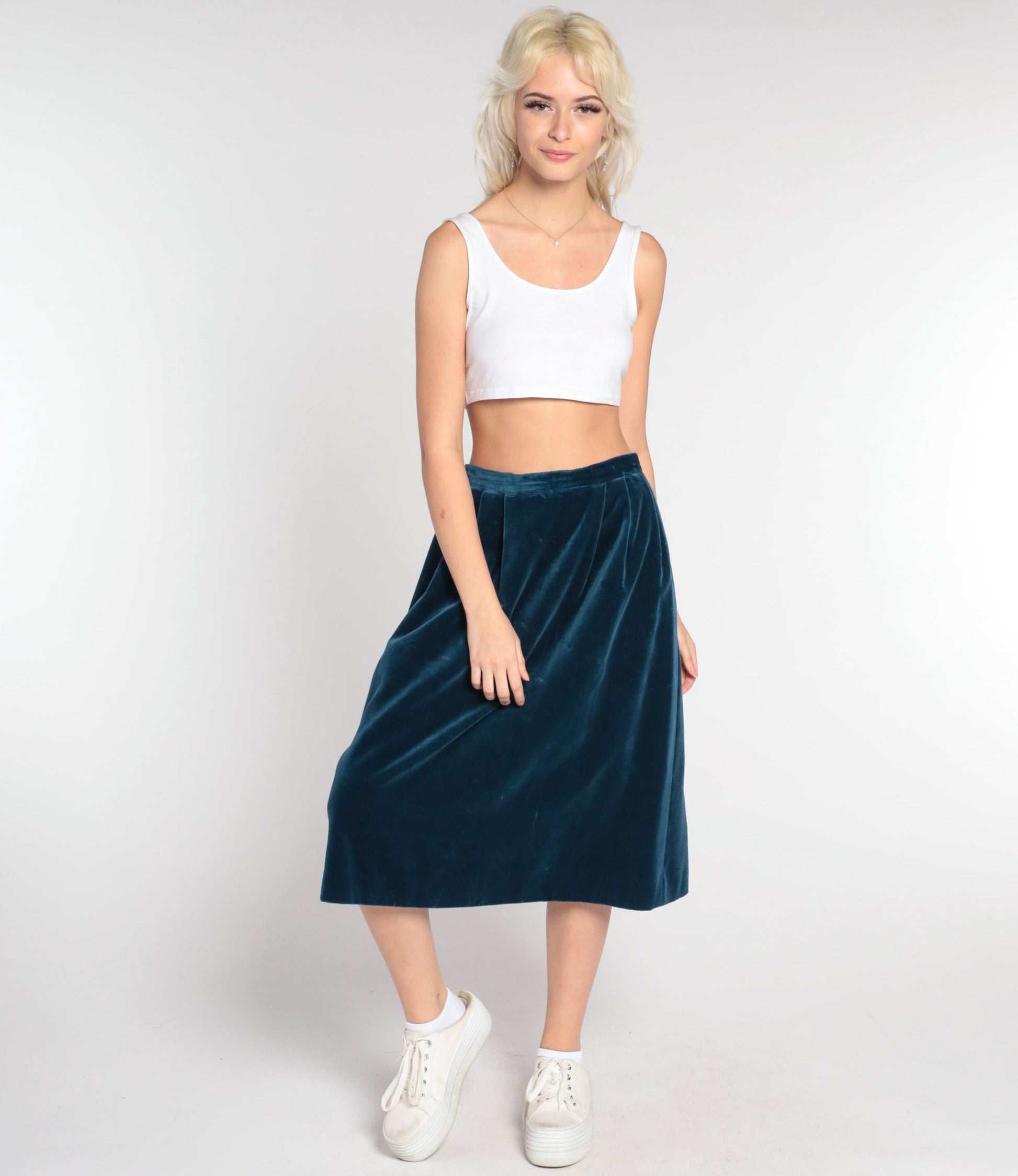 80s Dark Blue Velvet Midi Skirt High Waist Pleated Small
