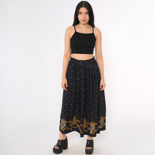 80s Chaus Navy Rayon Midi Skirt Baroque Cameo Print Elastic Waist Small