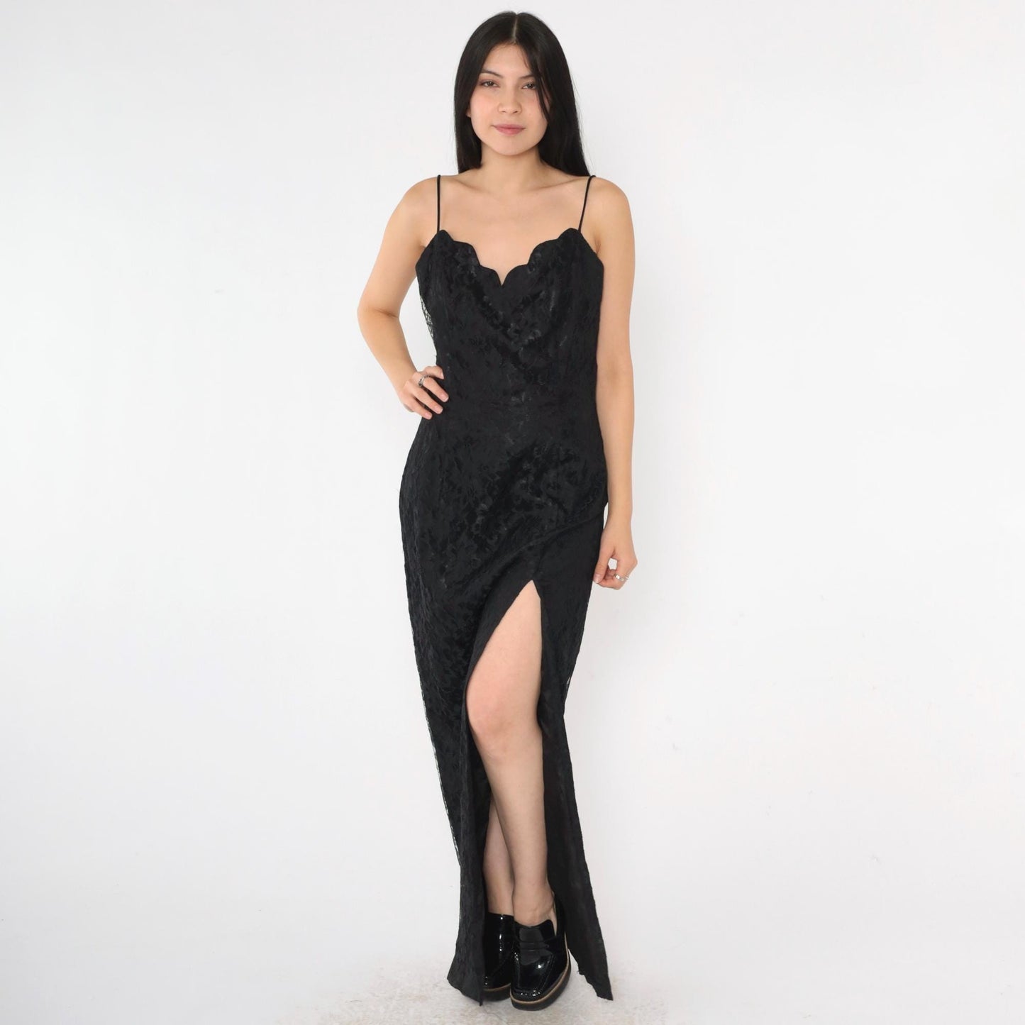 90s Black Lace Maxi Dress Sweetheart Neckline High Slit Spaghetti Strap Small