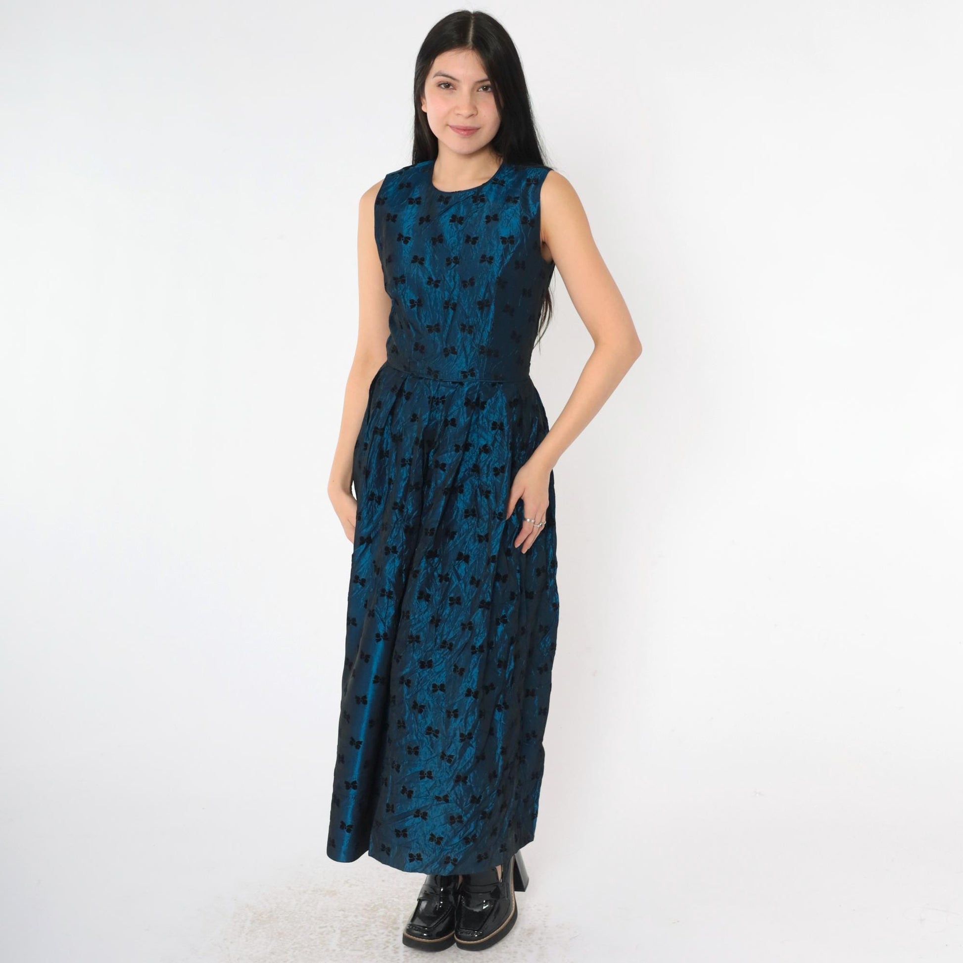 90s Susan Bristol Blue Taffeta Bow Print Midi Party Dress Extra Small