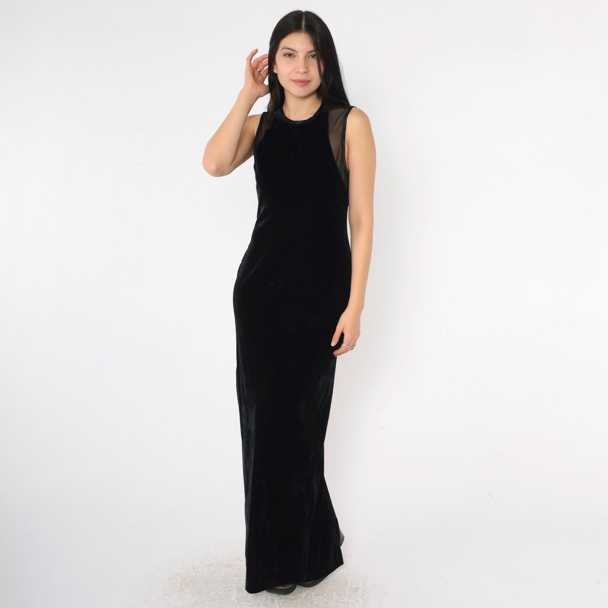 90s Jessica Howard Black Velvet Maxi Dress Sheer Mesh Back Rhinestone Small