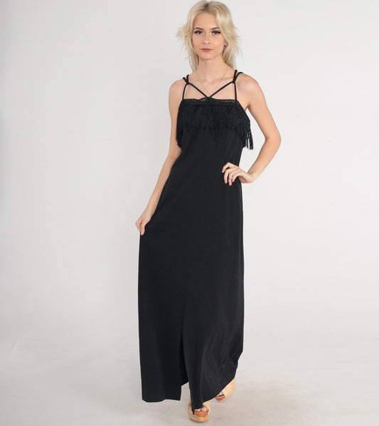 70s Black Fringe Maxi Dress Criss Cross Straps Crochet Lace Medium