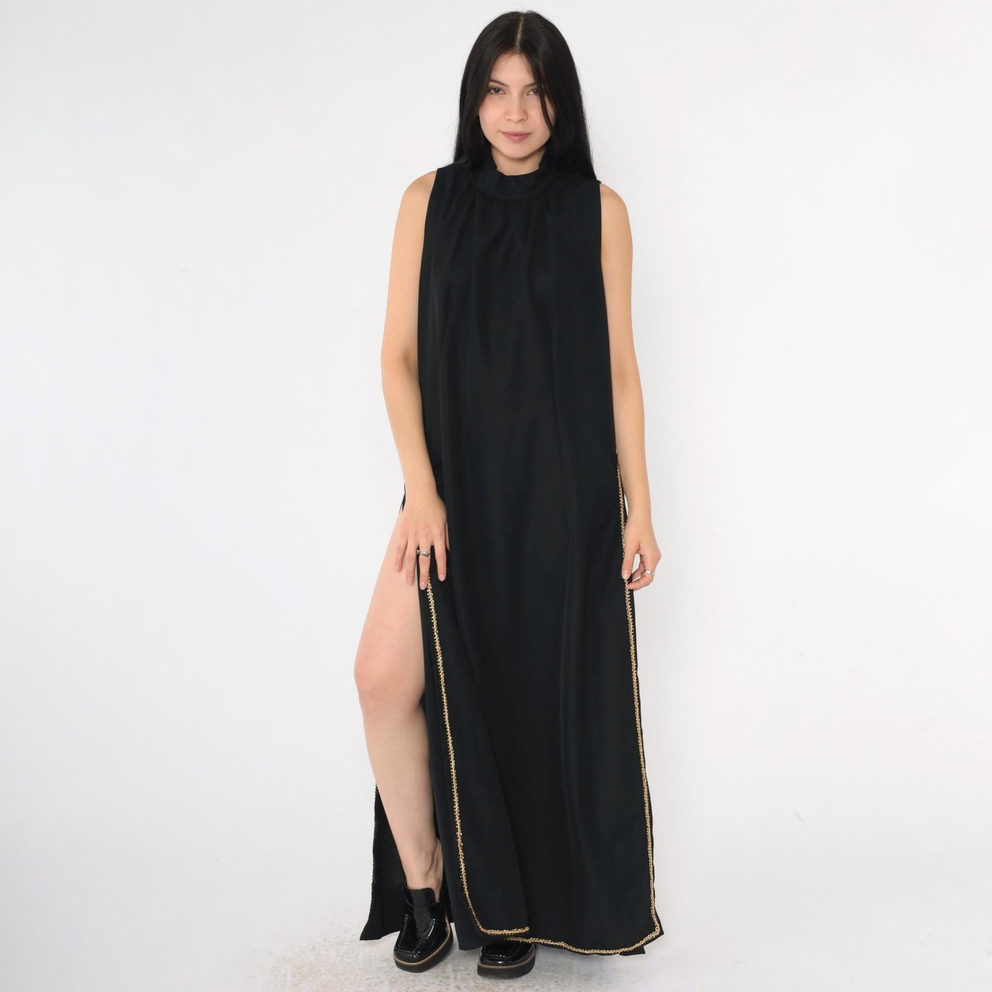 70s Black Evening Gown Gold Trim High Mock Neck Maxi Side Slits Large