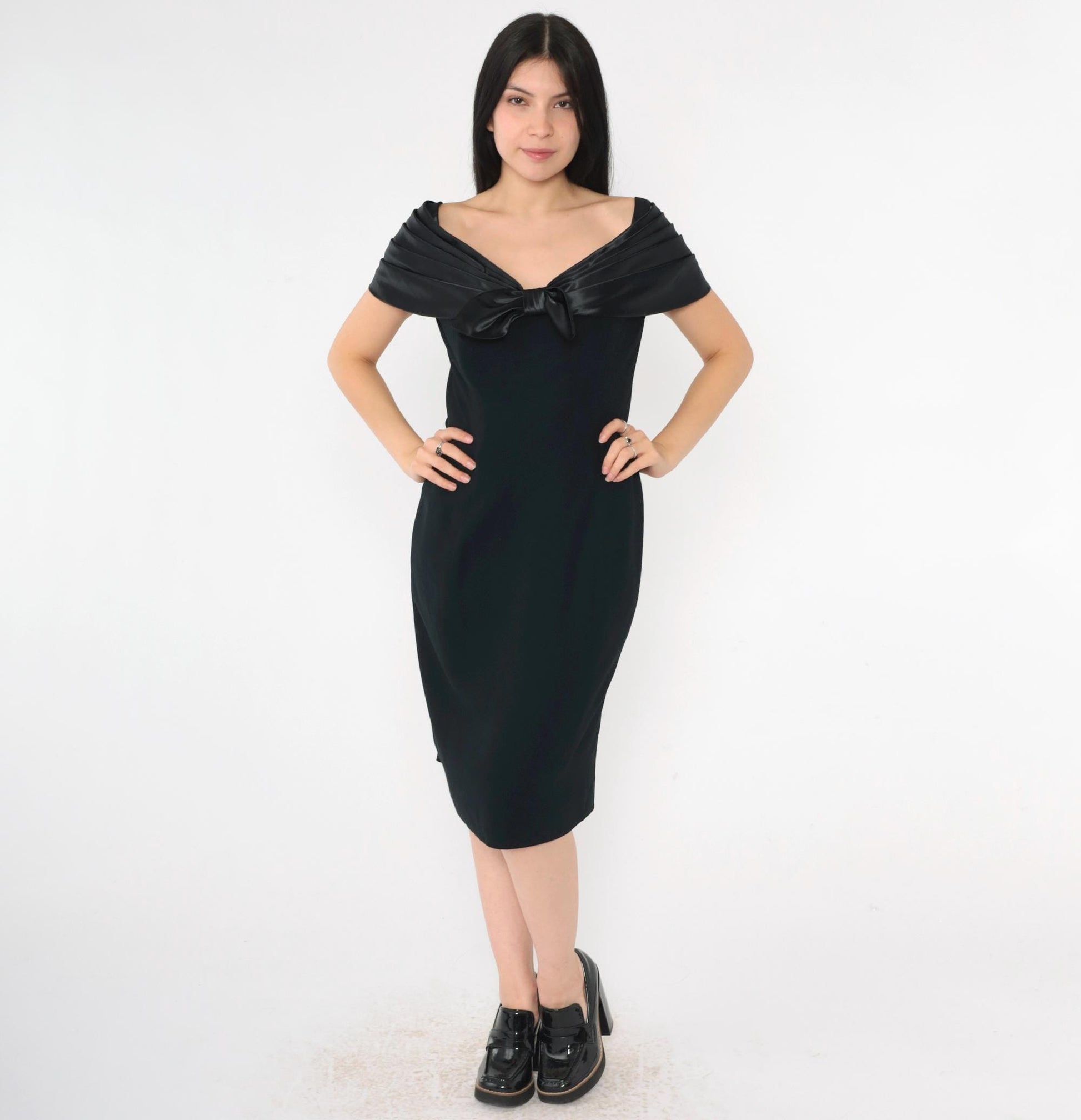90s Black Off-Shoulder Bow Cocktail Dress Midi Sheath Medium 8