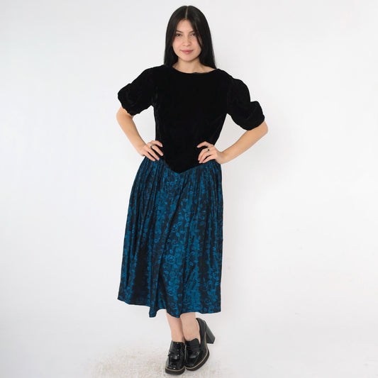 80s Black Velvet Puff Sleeve Dress Blue Floral Jacquard Midi V Back Small
