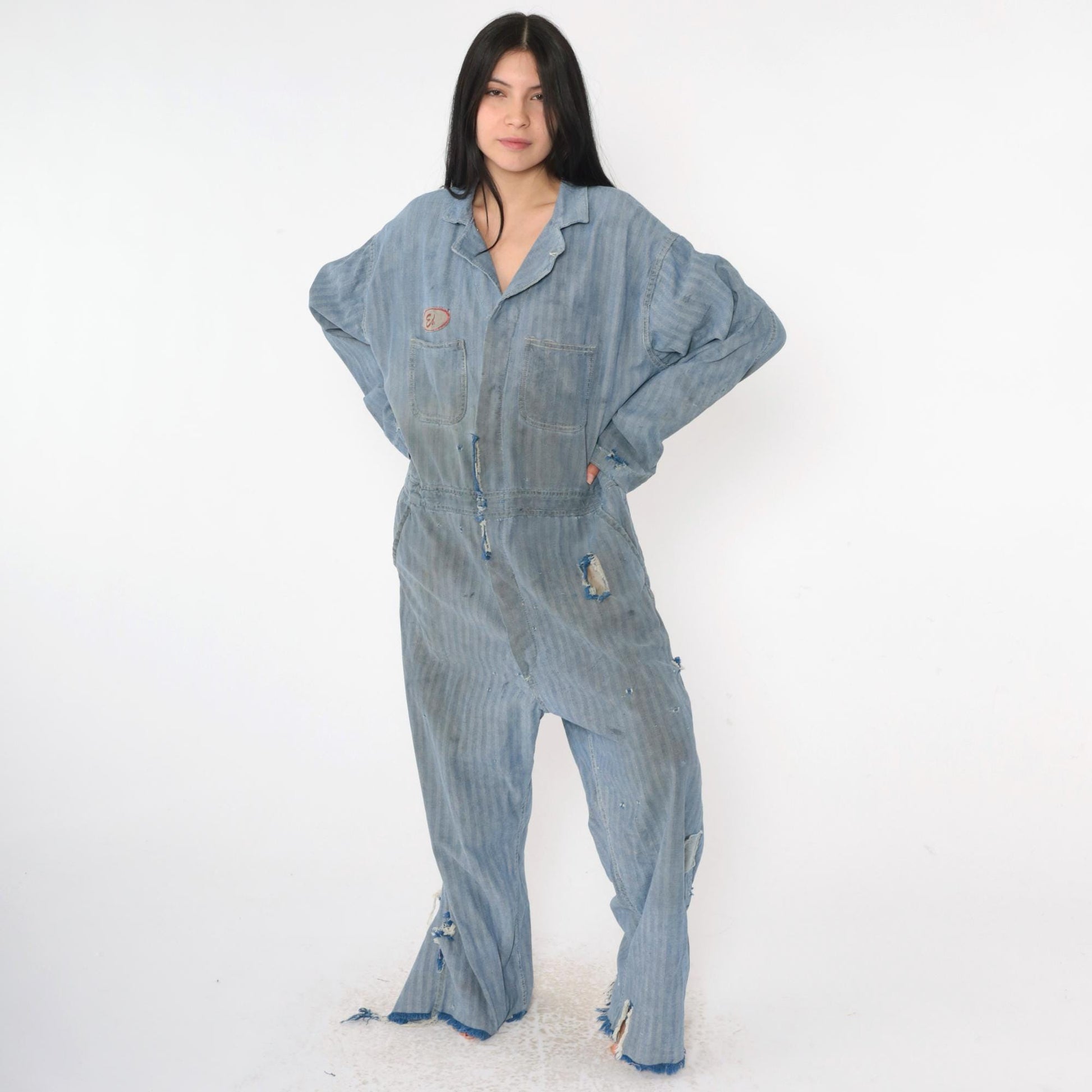 1960s WW Corporation Herringbone Denim Coveralls Workwear Distressed 48