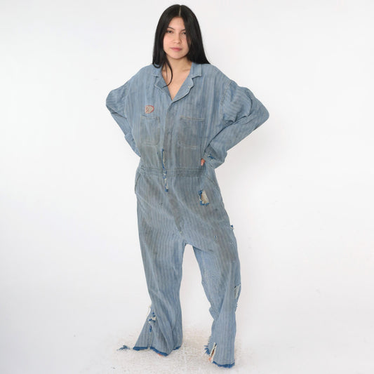 1960s WW Corporation Herringbone Denim Coveralls Workwear Distressed 48