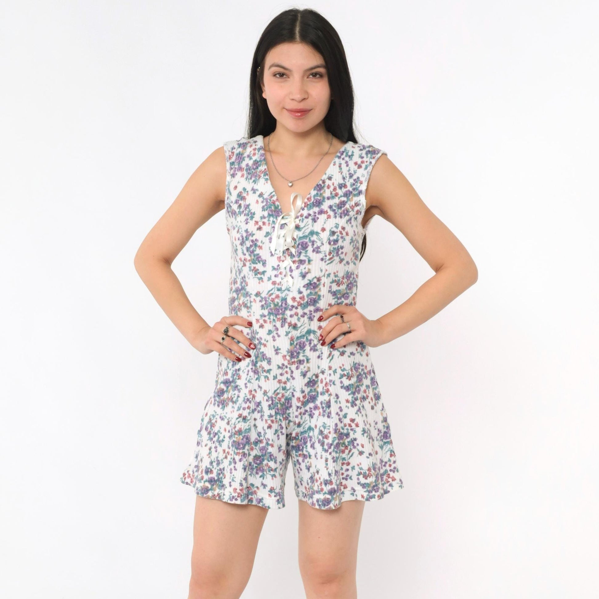 90s White Floral Romper Lace-Up Corset Bodice Wide Leg Sleeveless Small