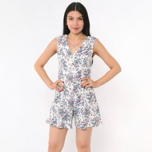 90s White Floral Romper Lace-Up Corset Bodice Wide Leg Sleeveless Small