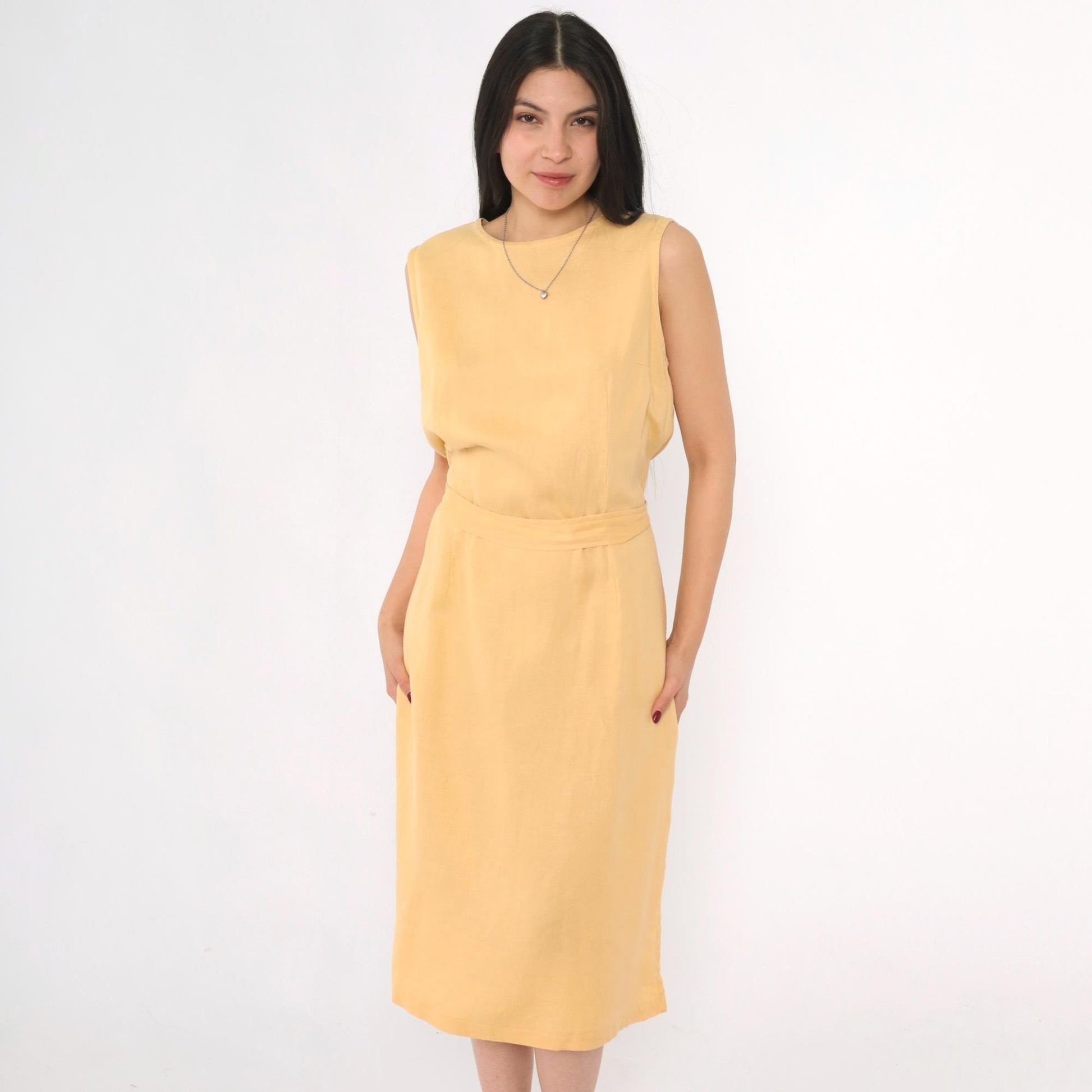 90s Rafaella Yellow Linen Midi Dress Button Back Sleeveless Medium 10