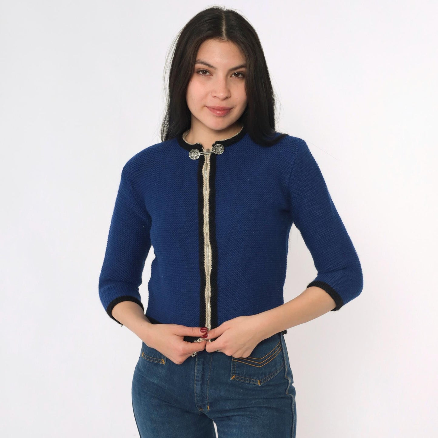 60s Blue Wool Cardigan Cropped Zip Coin Button 3/4 Sleeve Extra Small