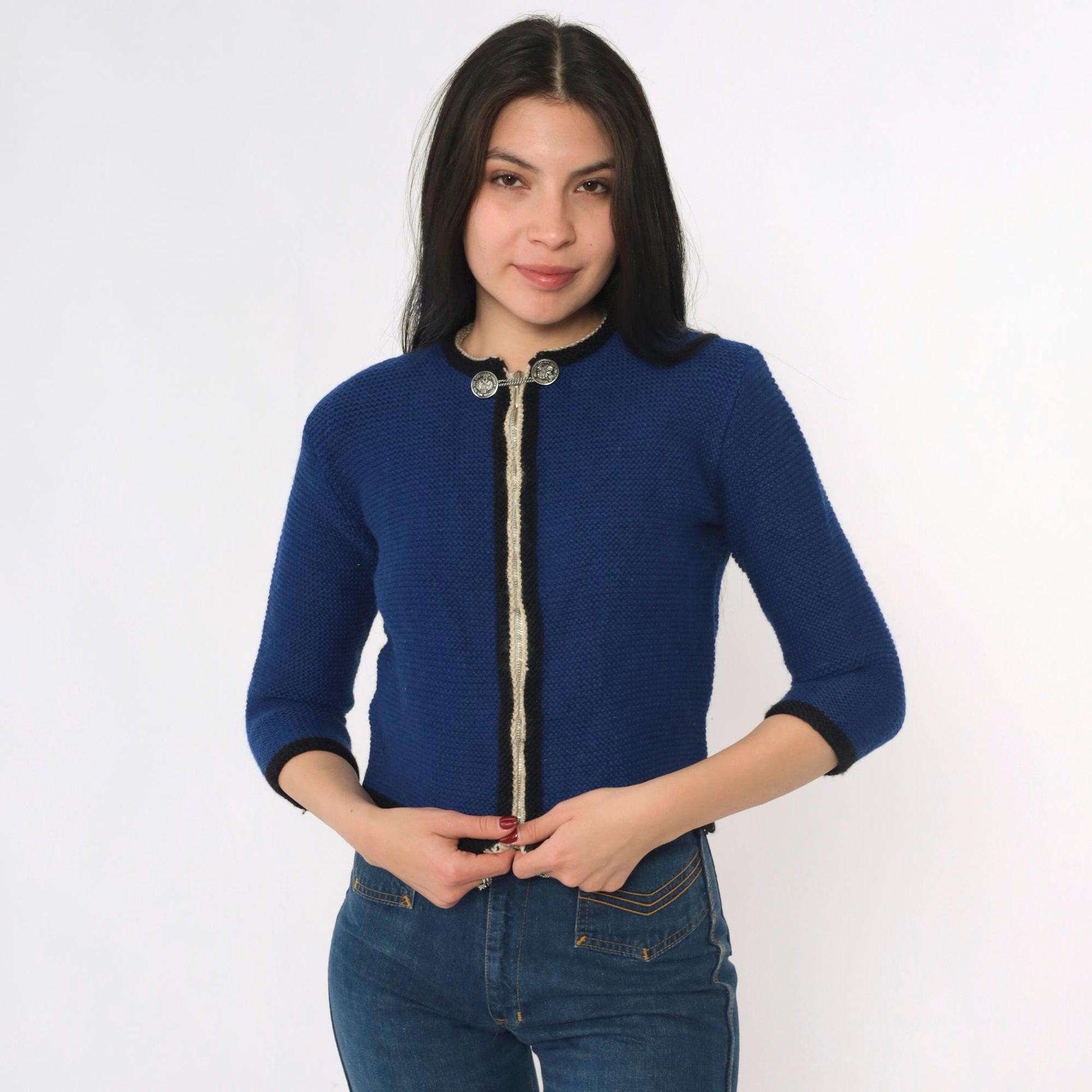 60s Blue Wool Cardigan Cropped Zip Coin Button 3/4 Sleeve Extra Small
