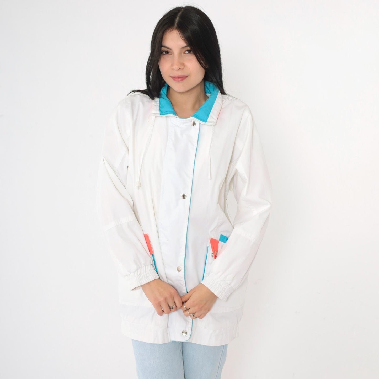 80s White Windbreaker Jacket Snap Zip Blue Coral Trim Small S