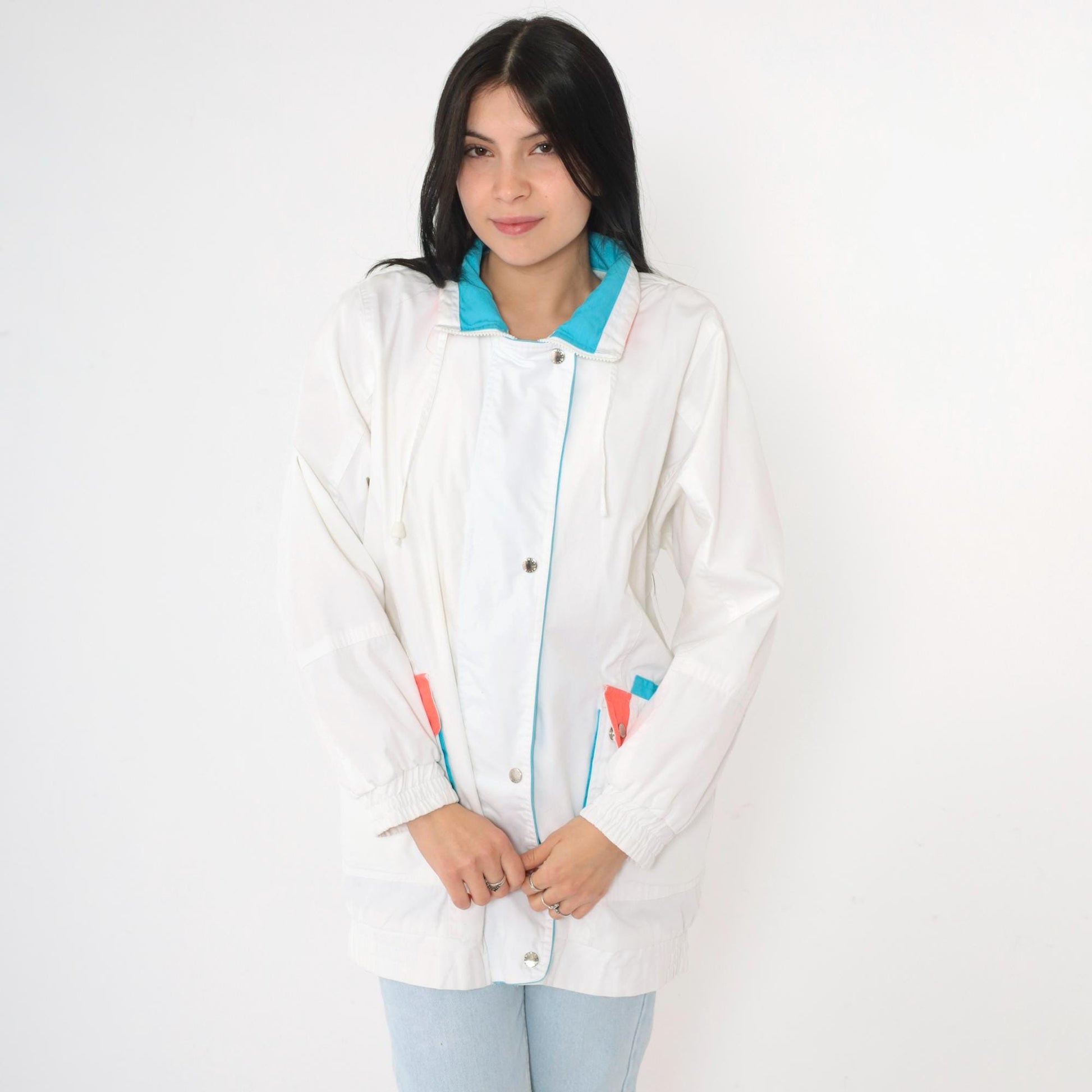 80s White Windbreaker Jacket Snap Zip Blue Coral Trim Small S