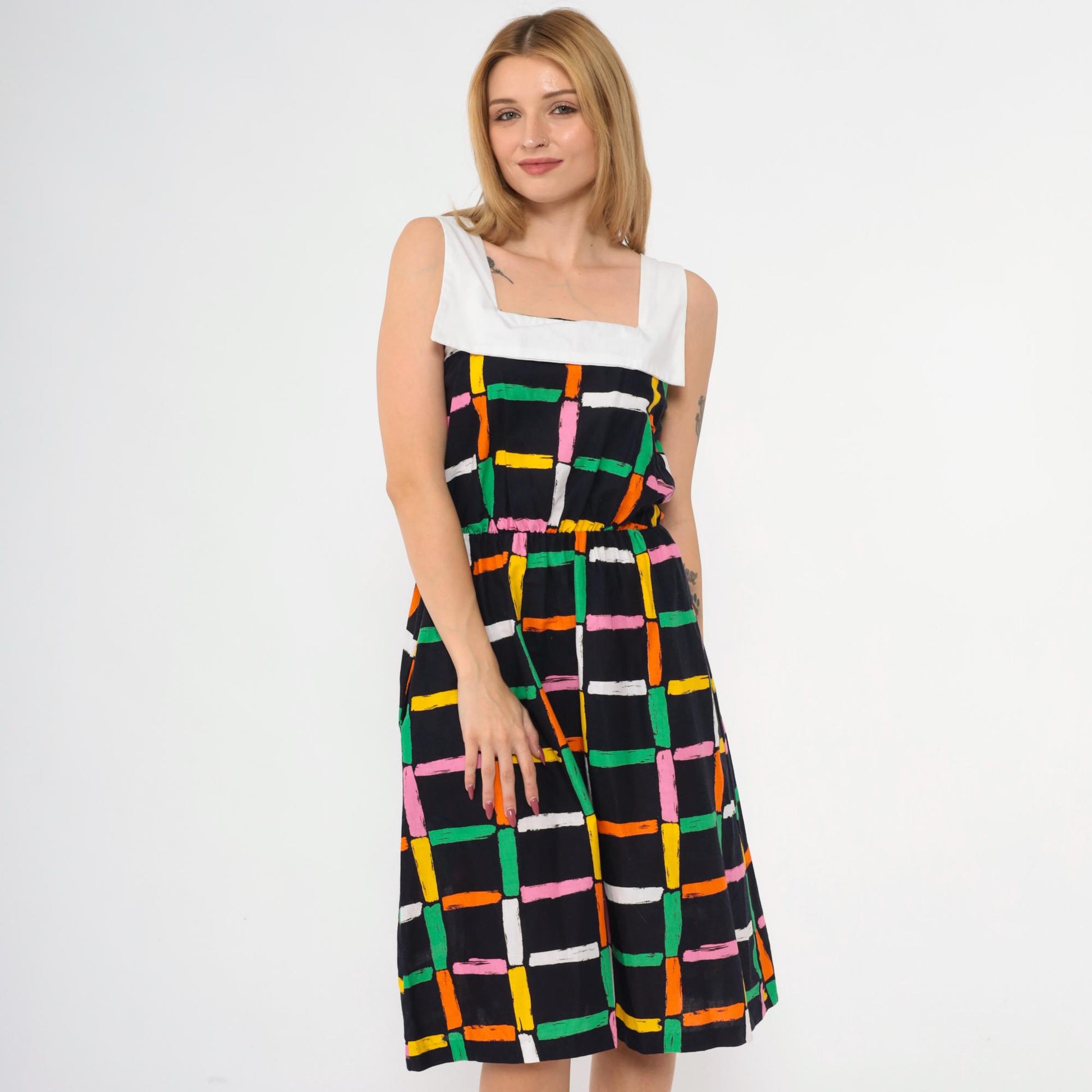 80s Black Checkered Midi Dress Sailor Collar High Waist Sleeveless Small