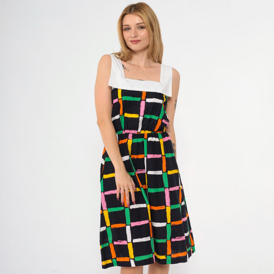 80s Black Checkered Midi Dress Sailor Collar High Waist Sleeveless Small
