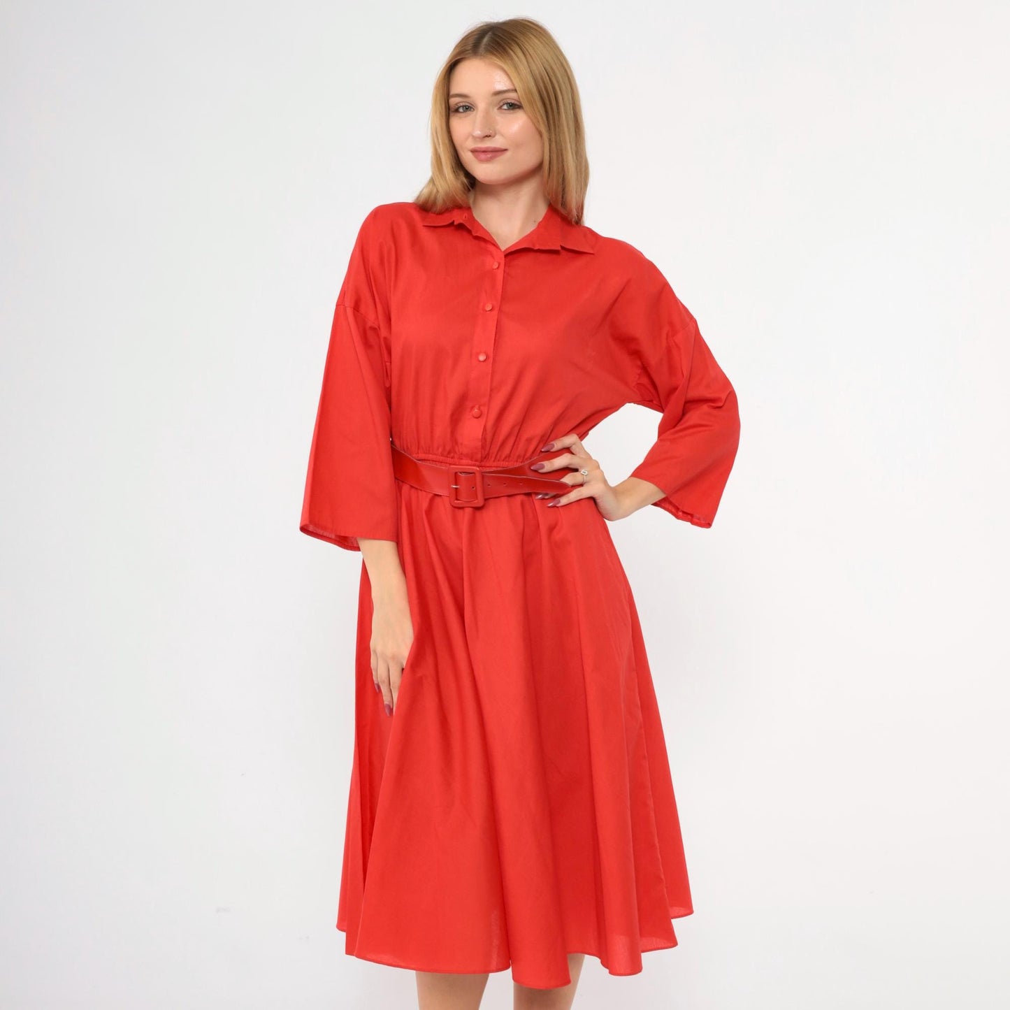 80s Red Button-Up Midi Shirtdress High Waisted 3/4 Sleeve Medium