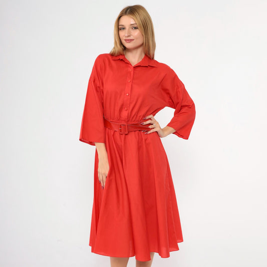 80s Red Button-Up Midi Shirtdress High Waisted 3/4 Sleeve Medium