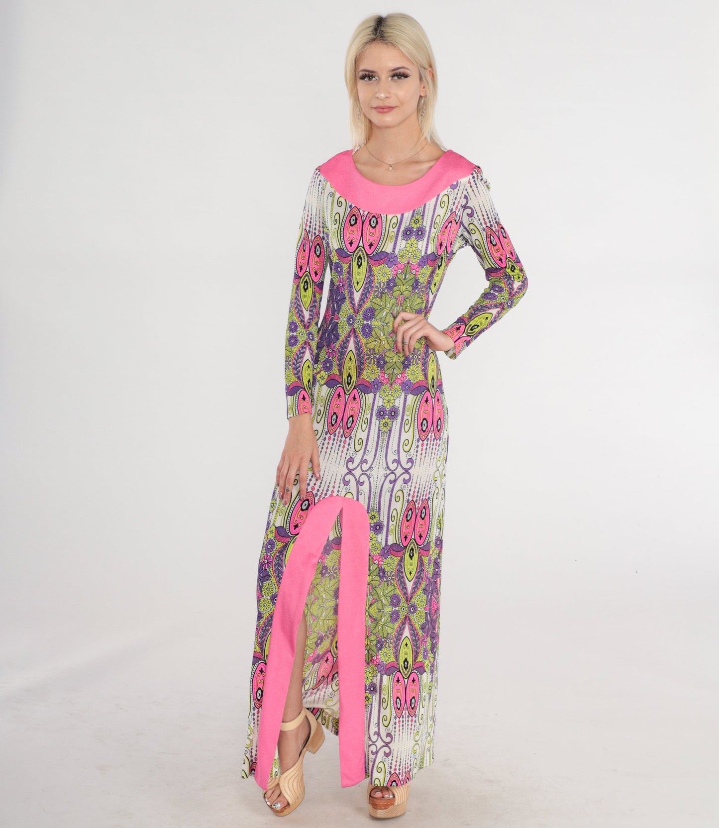 1970s Psychedelic Floral Maxi Dress Long Sleeve Hot Pink Lime Green Small
