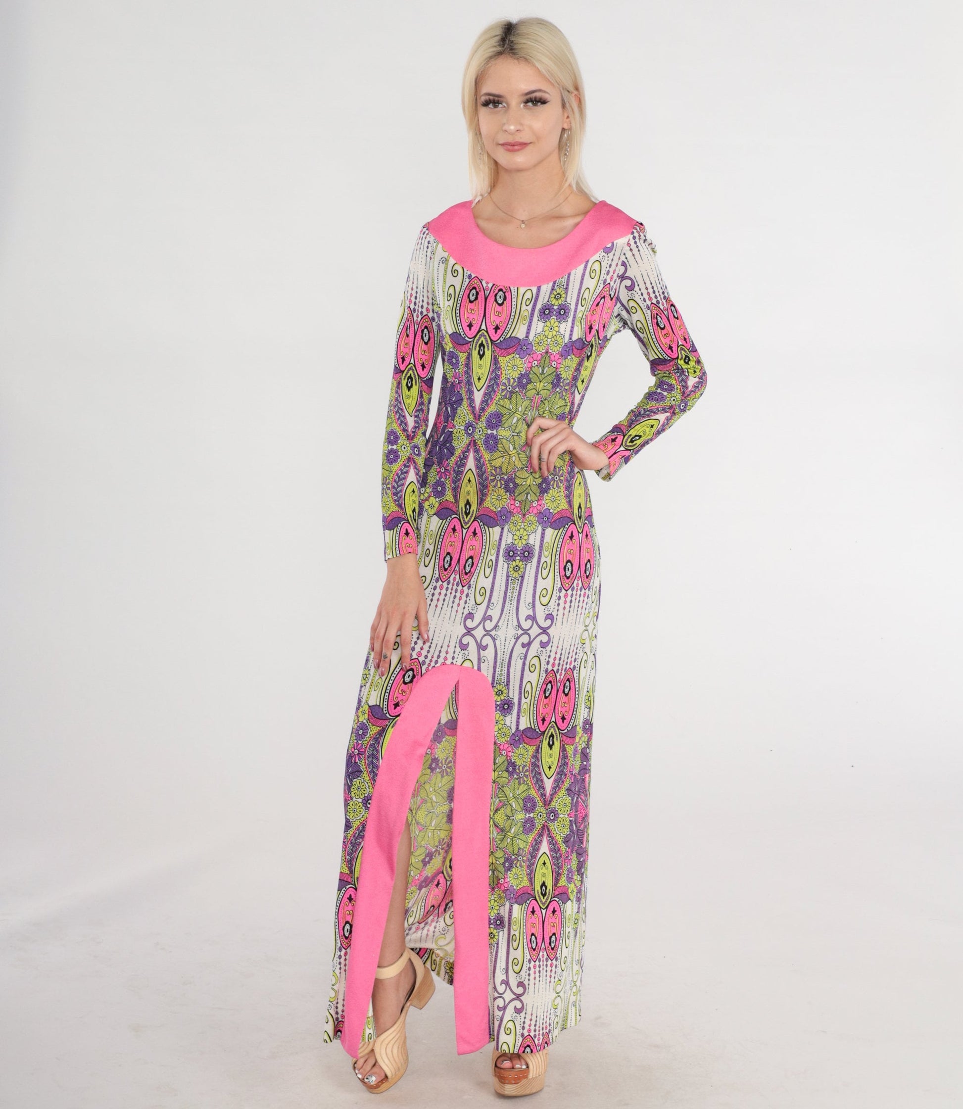 1970s Psychedelic Floral Maxi Dress Long Sleeve Hot Pink Lime Green Small