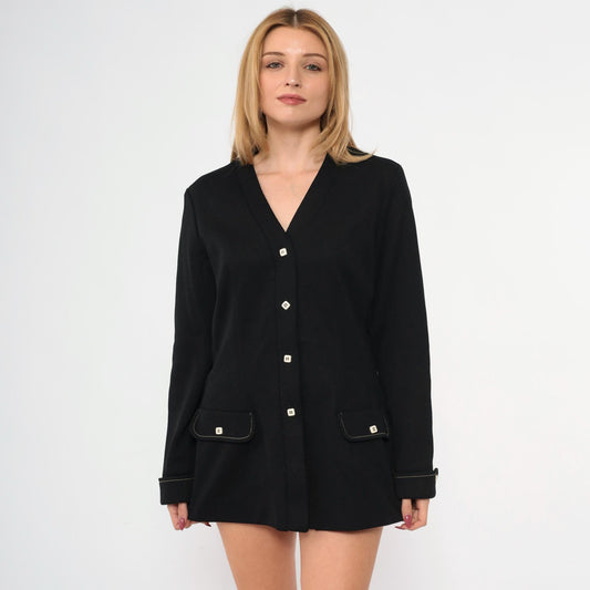 70s Black Polyester Blazer Button-Up Jacket V-Neck Mod Disco Medium Large