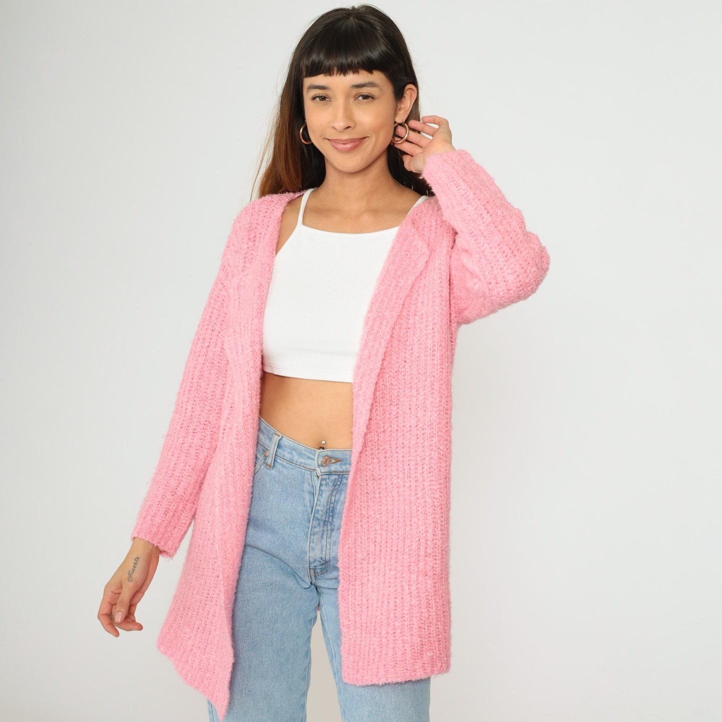 80s Pink Ribbed Knit Cardigan Open Front Wrap Sweater Medium Large