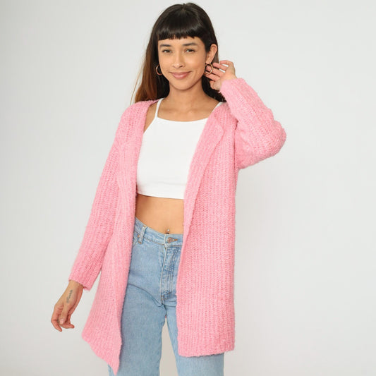 80s Pink Ribbed Knit Cardigan Open Front Wrap Sweater Medium Large