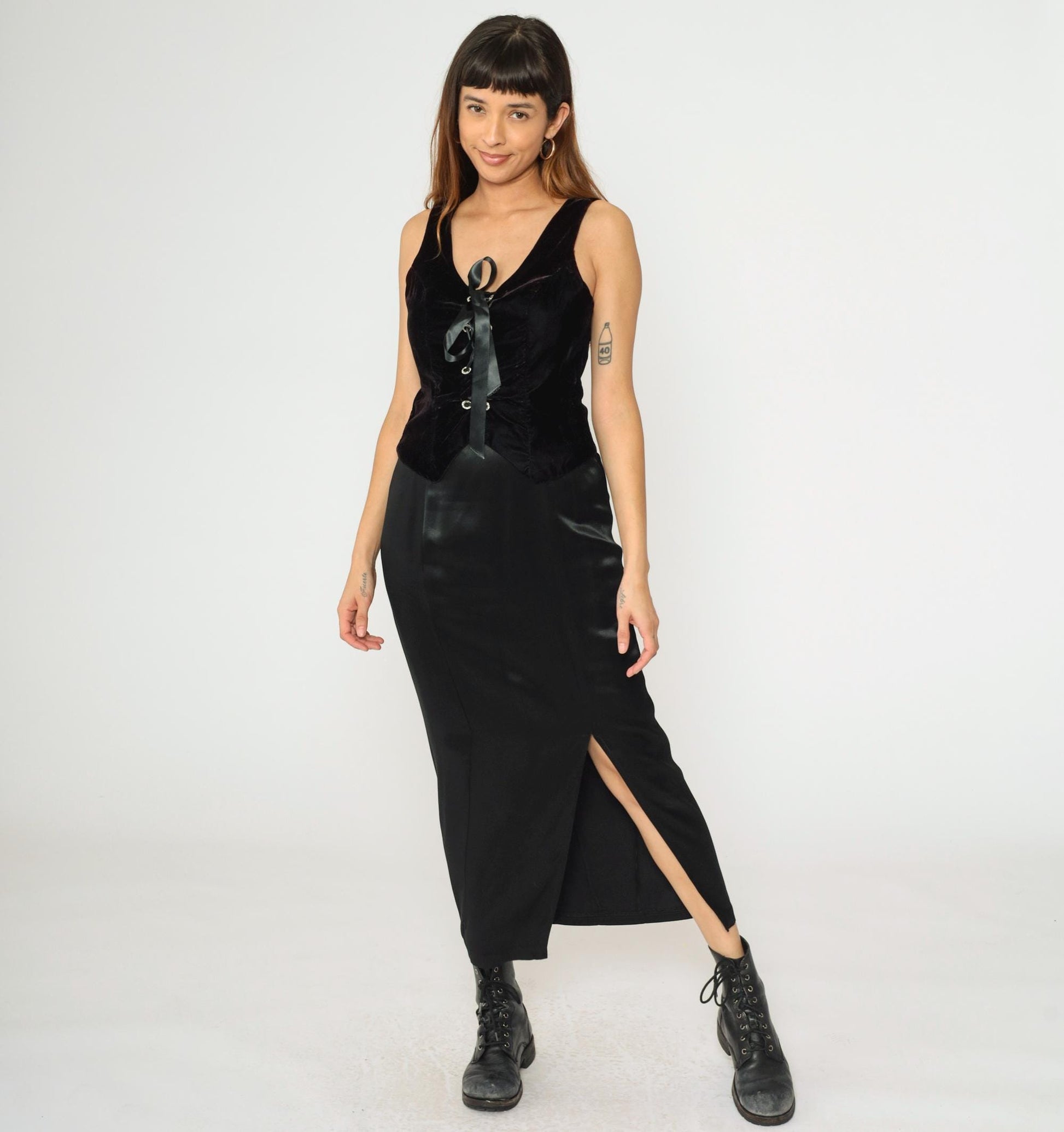 90s Black Satin Maxi Dress Velvet Lace-Up Bodice Sleeveless Medium