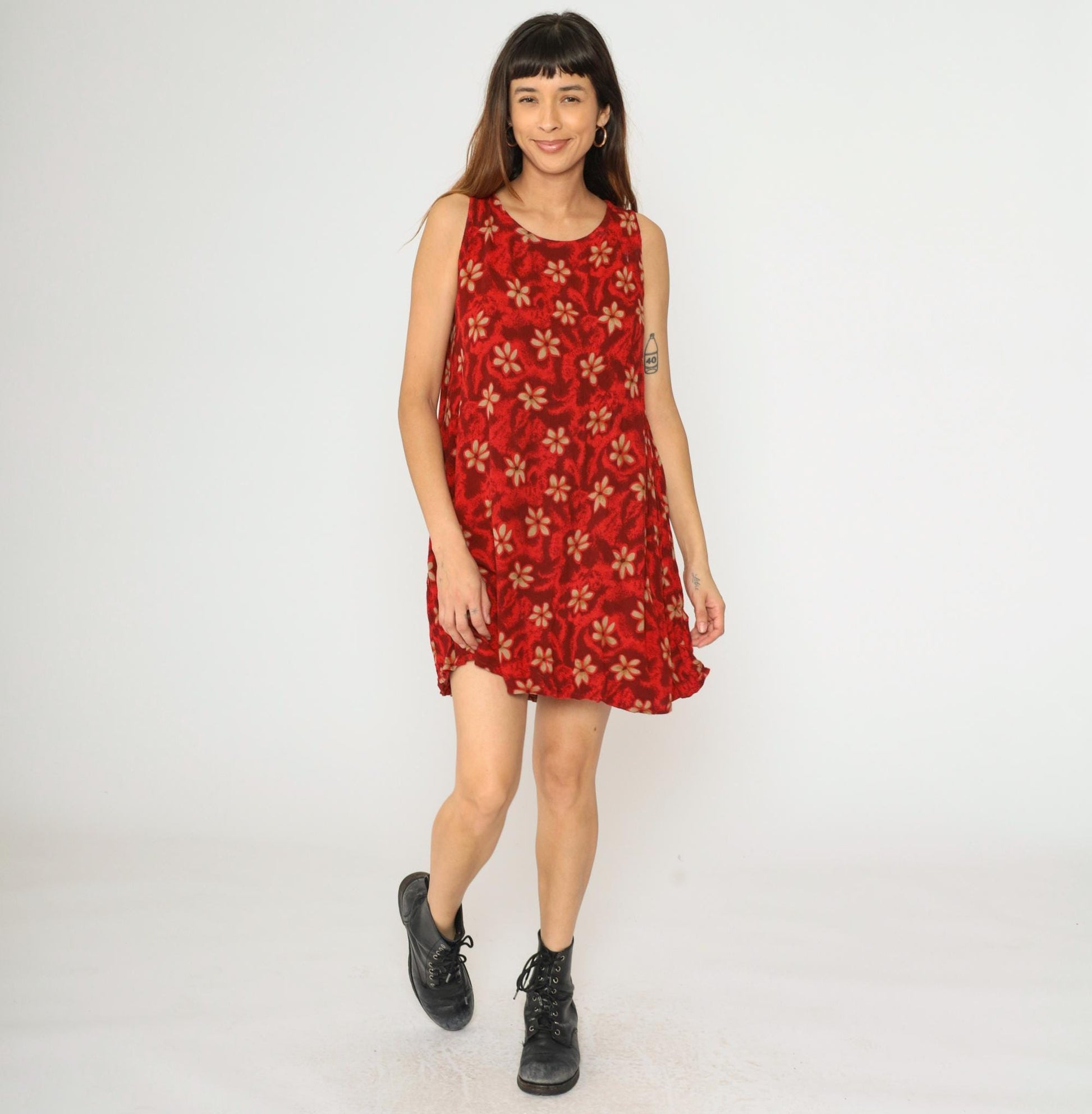 90s Red Floral Hawaiian Mini Dress Sleeveless A-Line Sundress Small