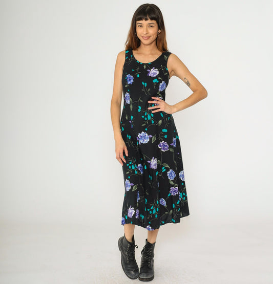 90s Black Floral Midi Dress A-Line Sleeveless Princess Seam Small