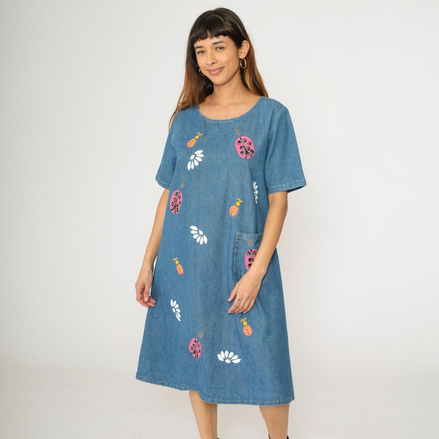90s Denim Midi Dress Ladybug Floral Print Shift Blue Short Sleeve Large L