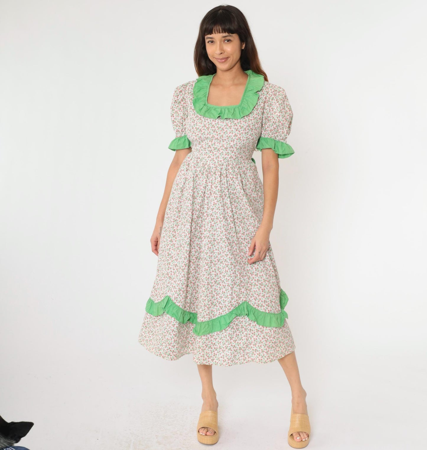 70s White Calico Floral Midi Dress Puff Sleeve High Waist Ruffled Medium Large