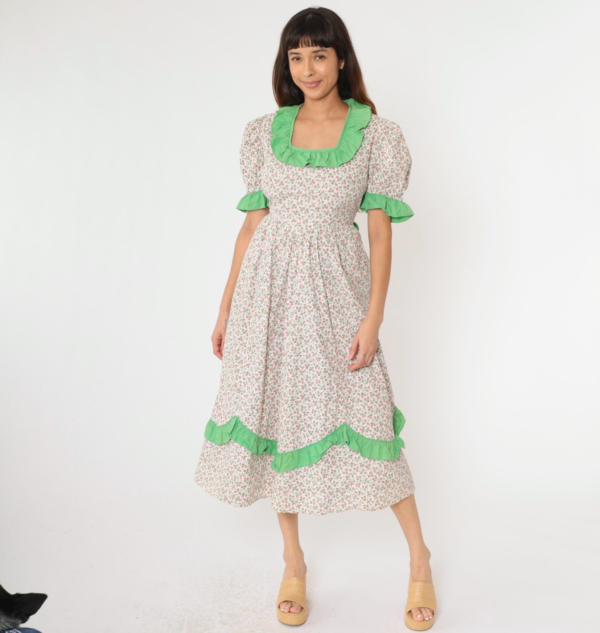 70s White Calico Floral Midi Dress Puff Sleeve High Waist Ruffled Medium Large